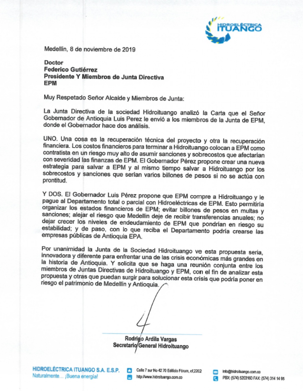 Junta de Hidroituango solicita reunión con la Junta de EPM para analizar propuesta del Gobernador Luis Pérez Gutiérrez