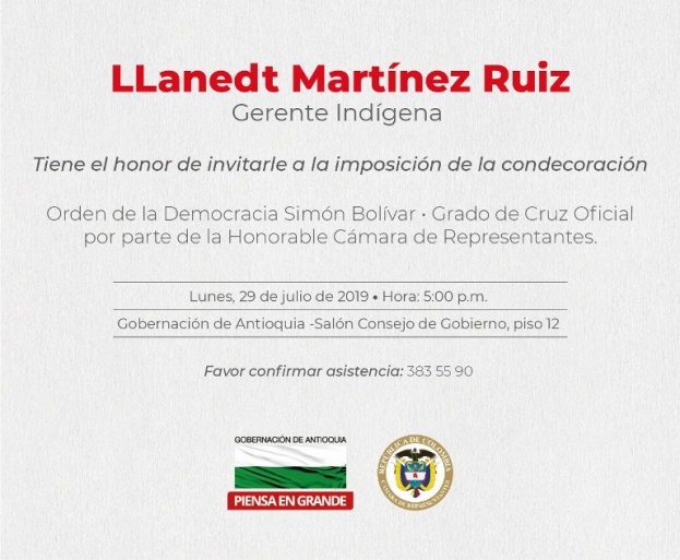 Invitación de la Gerente Indígena a la Imposición de la Condecoración