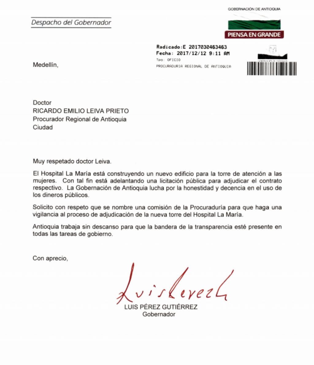 Carta del Gobernador de Antioquia al Procurador Regional solicitando vigilancia al proceso de contratación de la nueva torre del Hospital La María