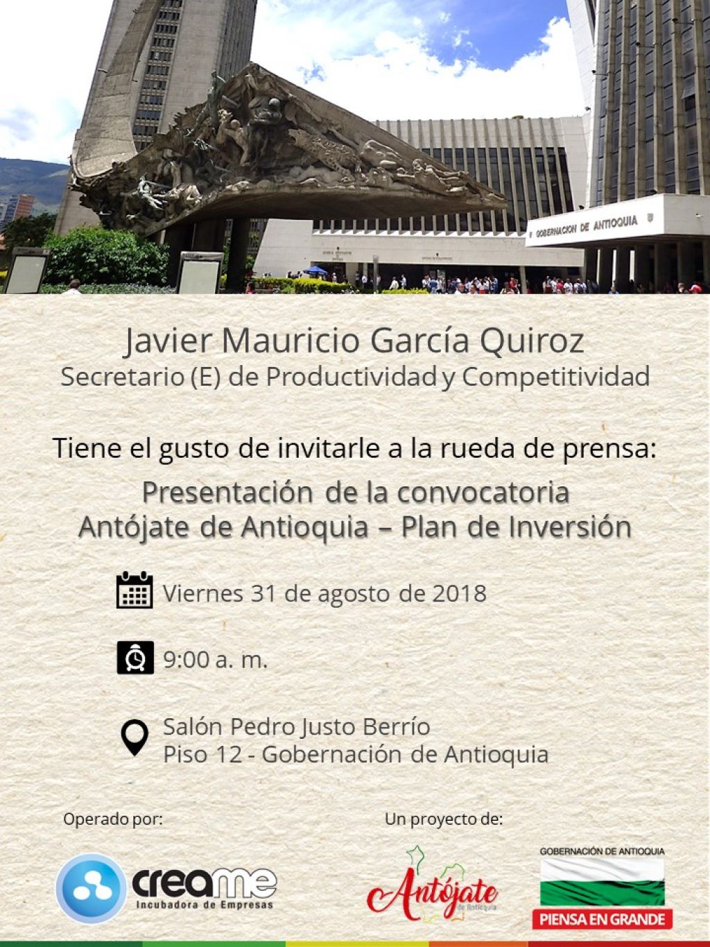 Invitación: rueda de prensa Antójate de Antioquia. Viernes 31 de agosto de 2018. 9:00 a.m.