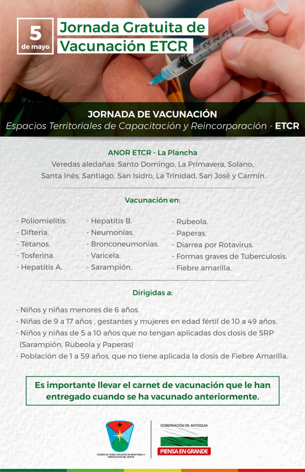 Antioquia prepara una jornada de vacunación en los Espacios Territoriales de Capacitación y Reincorporación - ETCR