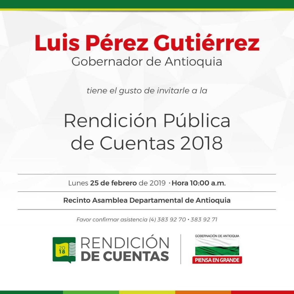Invitación del señor Gobernador Luis Pérez Gutiérrez a la Rendición Pública de Cuentas 2018