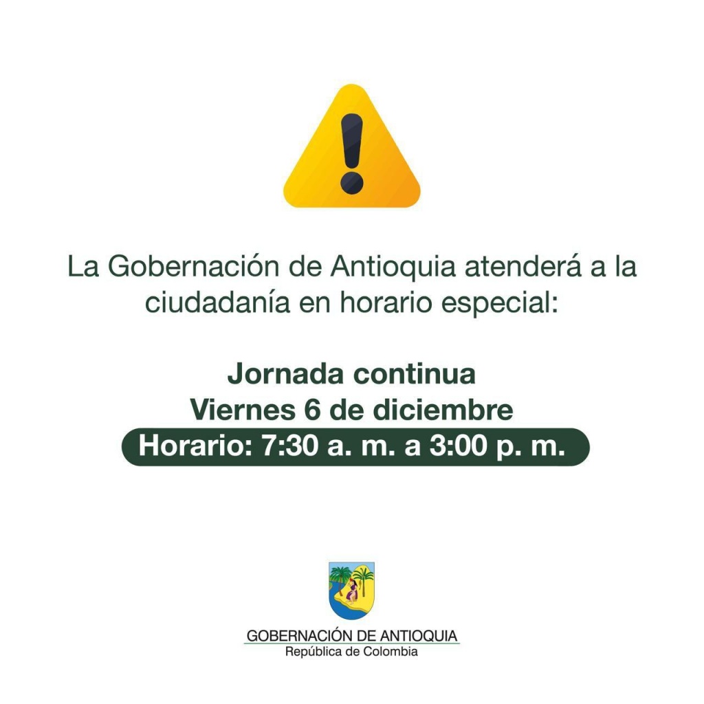 Este viernes 6 de diciembre la Gobernación de Antioquia laborará en horario especial