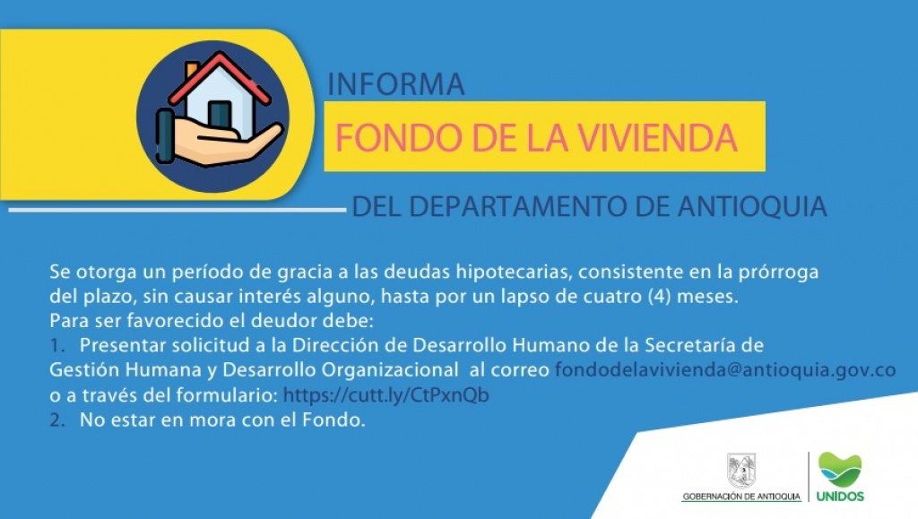 Periodo de gracia para los beneficiarios de crédito del Fondo de la Vivienda del Departamento de Antioquia, con ocasión de la pandemia del Coronavirus Covid-19