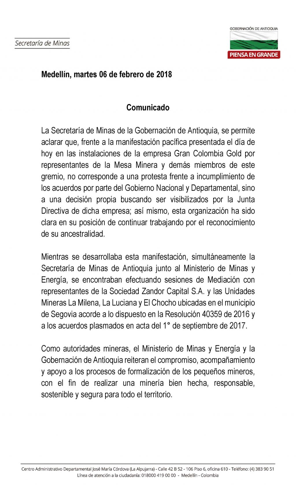 Comunicado -  Secretaría de Minas de la Gobernación de Antioquia