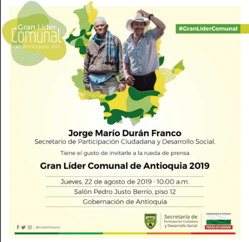 Invitación rueda de Prensa &quot;Gran Líder Comunal de Antioquia 2019&quot;. jueves 22 de agosto. 10 a.m.