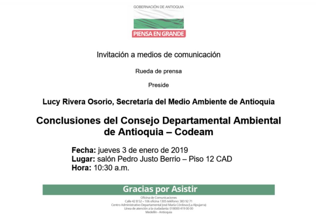 El Consejo Departamental Ambiental de Antioquia – Codeam, tendrá sesión extraordinaria