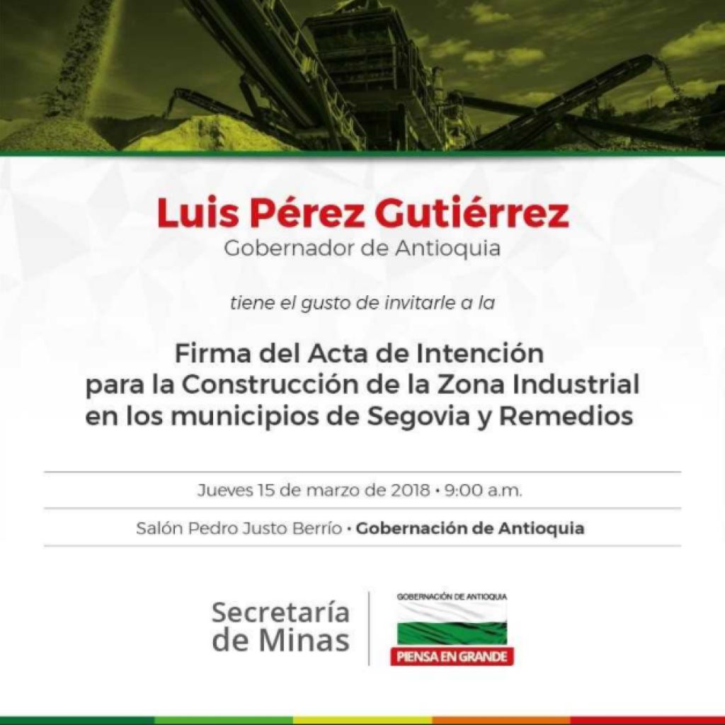 Invitación rueda de prensa. Firma del acta de intención para la construcción de la zona industrial en Segovia y Remedios.