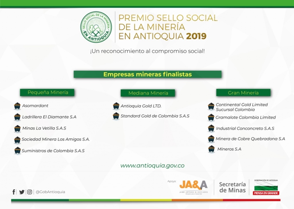 Empresas finalistas para optar al Sello Social de la Minería en Antioquia 2019