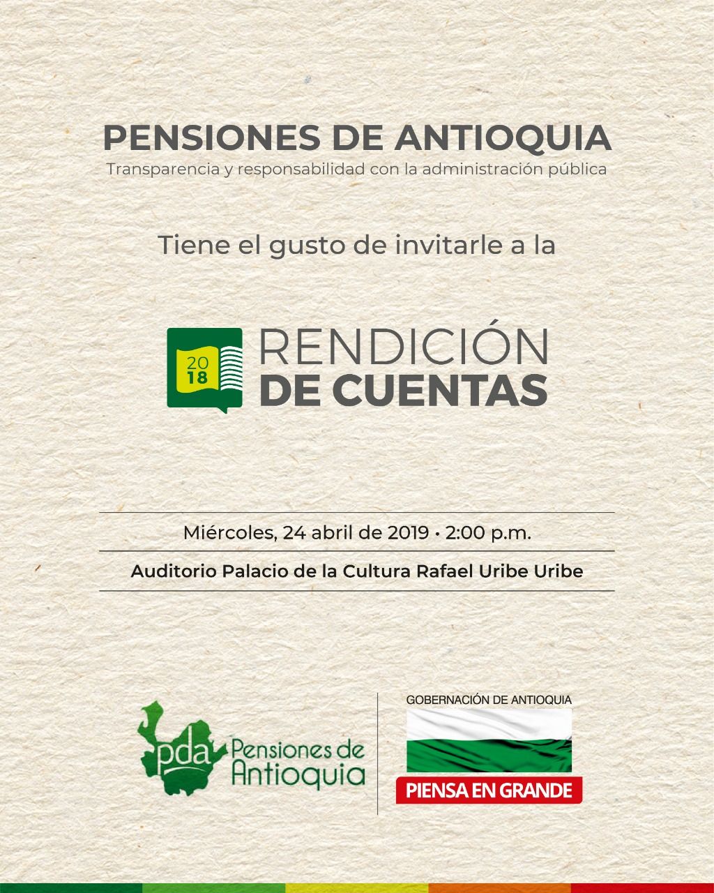 Invitación a la rendición de cuentas Pensiones Antioquia, miércoles 24 de abril de 2019