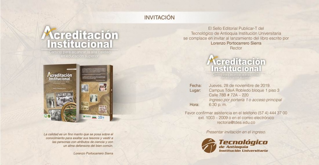 Tecnológico de Antioquia. Invitación Lanzamiento libro Acreditación Institucional-28 noviembre