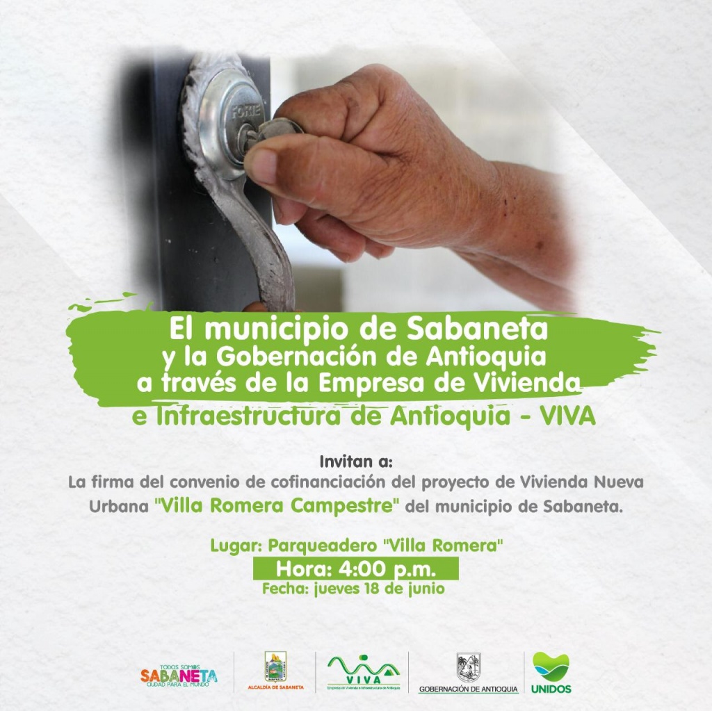 Invitación del municipio de Sabaneta y la Gobernación de Antioquia a través de la Empresa de Vivienda e Infraestructura de Antioquia - VIVA