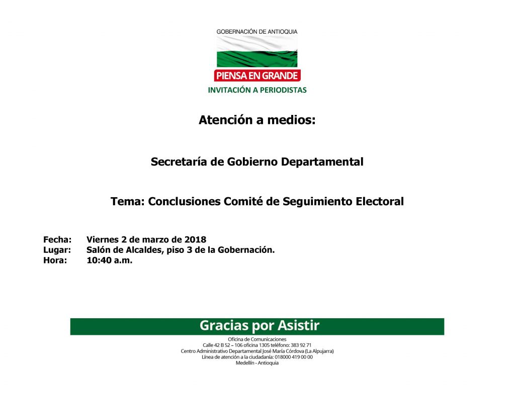 Atención a medios: Secretaría de Gobierno Departamental. Tema: Conclusiones Comité de Seguimiento Electoral