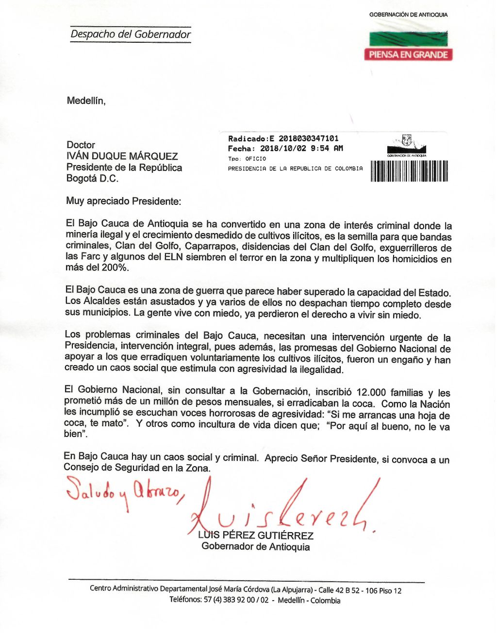 Carta del Gobernador de Antioquia al Señor Presidente de la República