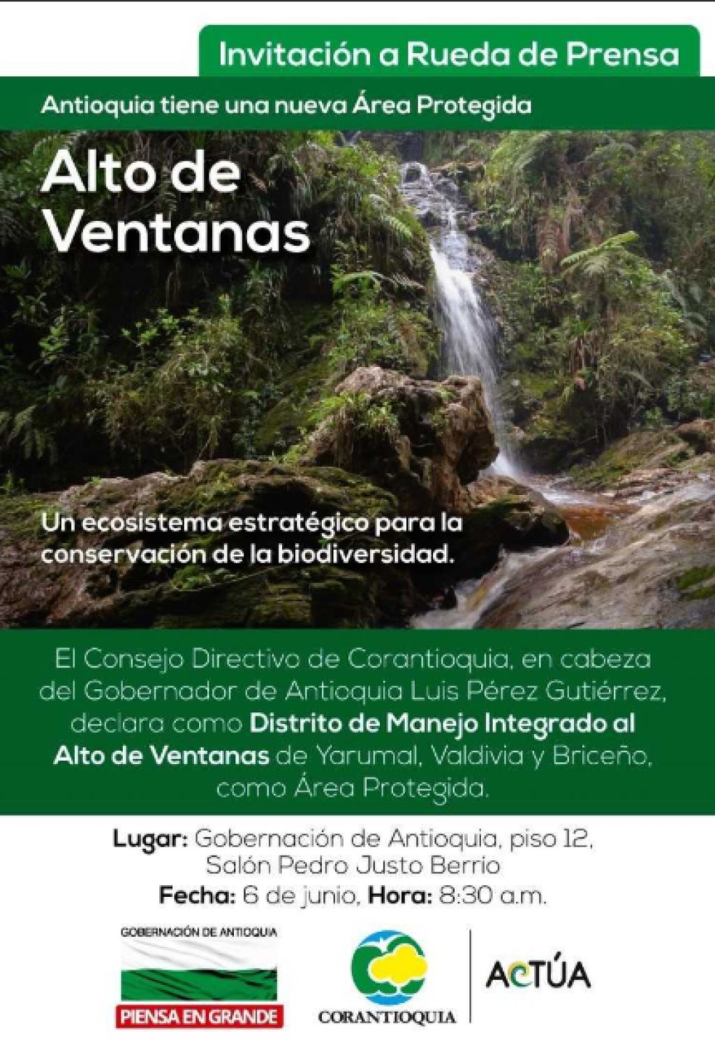 Invitación rueda de prensa. Antioquia tiene una nueva área protegida. Alto de Ventanas.