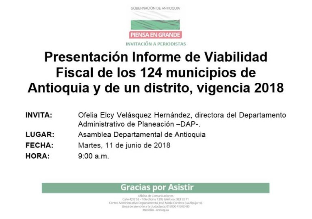 Presentación informe de viabilidad fiscal de los 124 municipios de Antioquia y de un distrito, vigencia 2018