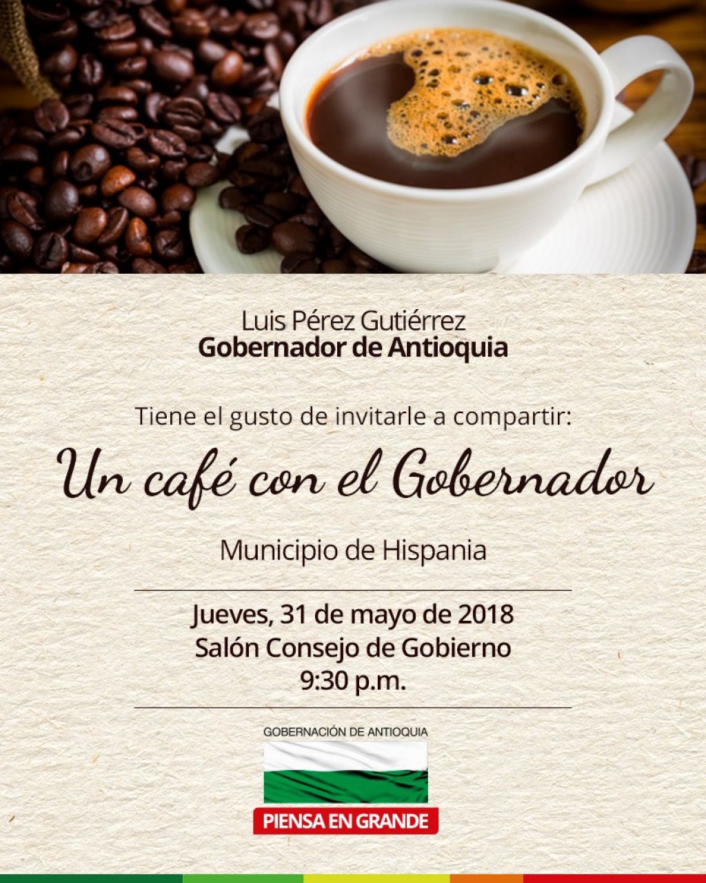 Invitación: Un café con el Gobernador desde el municipio de Hispania