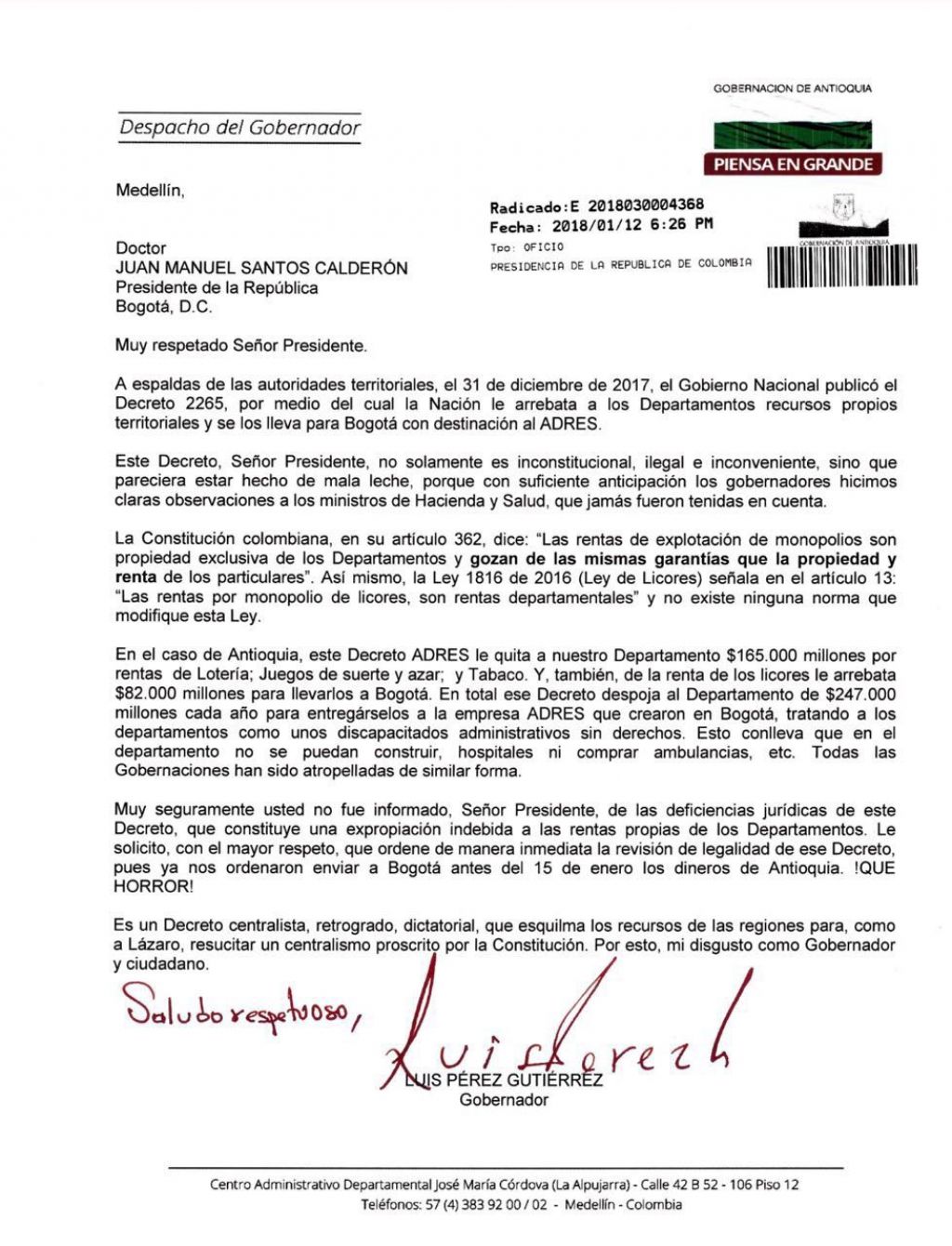 Carta al Presidente, despojo rentas Departamentales
