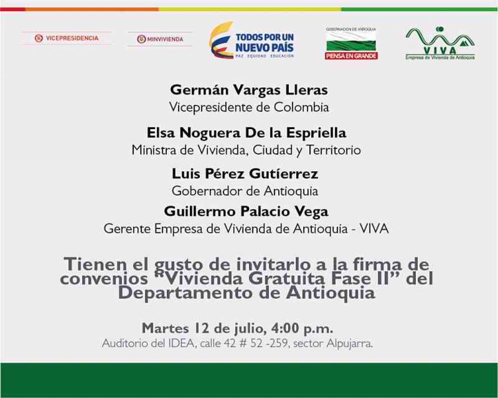 Invitación a la firma del convenio &quot;Vivienda gratuita fase II&quot; del departamento de Antioquia