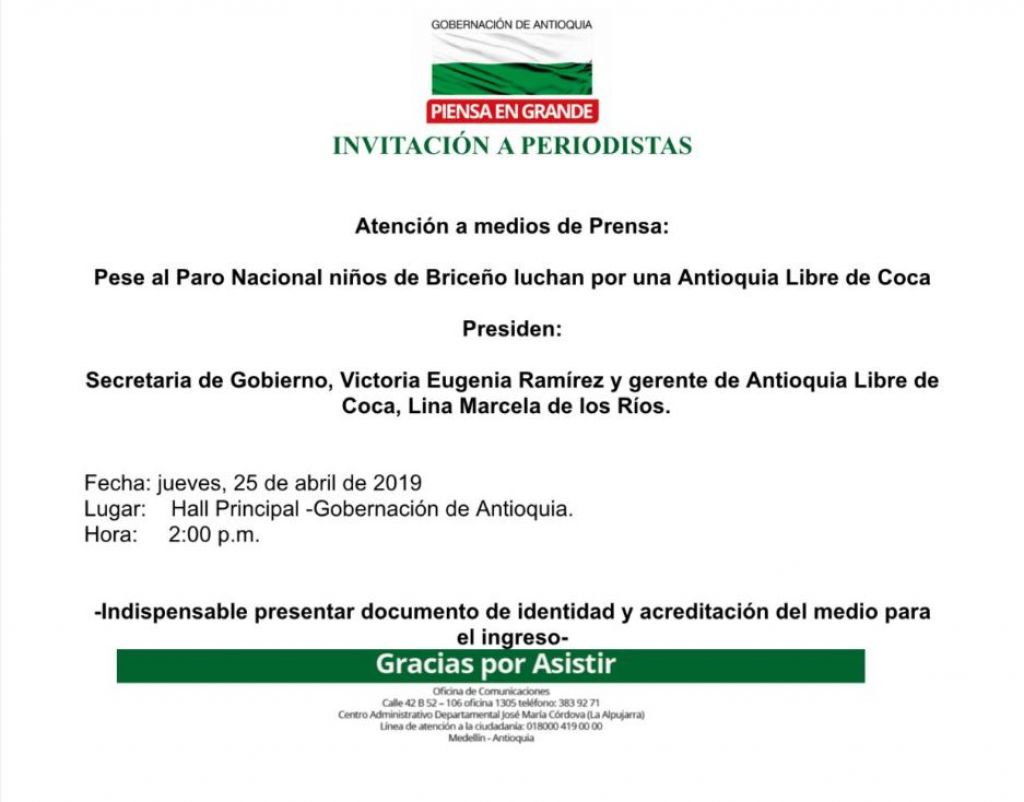 Invitación: atención a medios este jueves por la secretaria de Gobierno y la gerente de Antioquia Libre de Coca