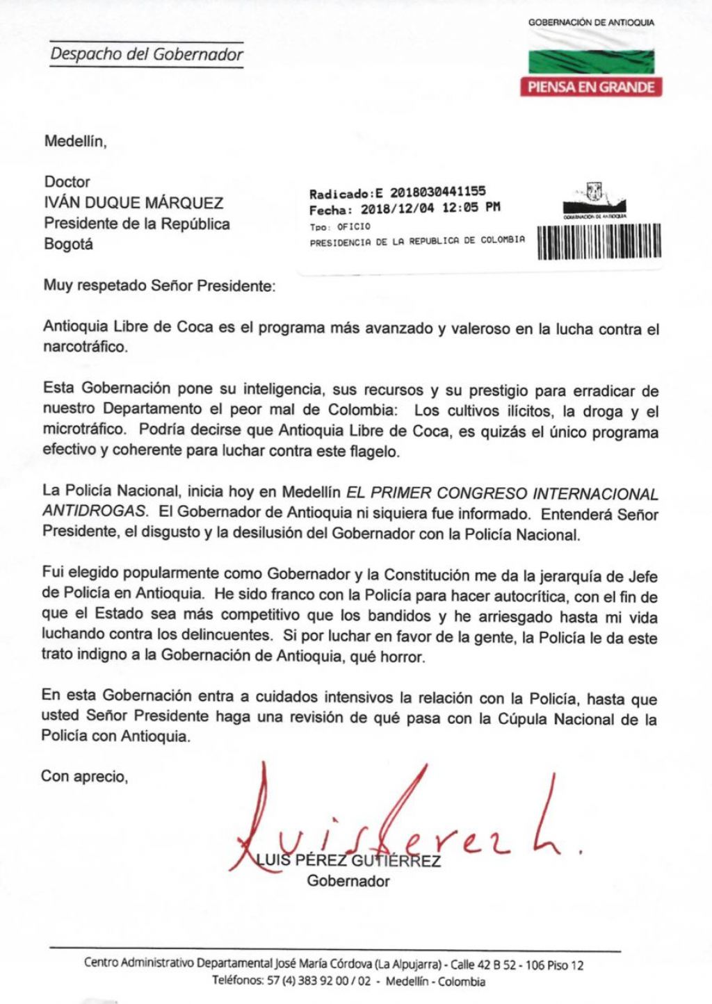 Carta del Gobernador de Antioquia al Presidente de la República
