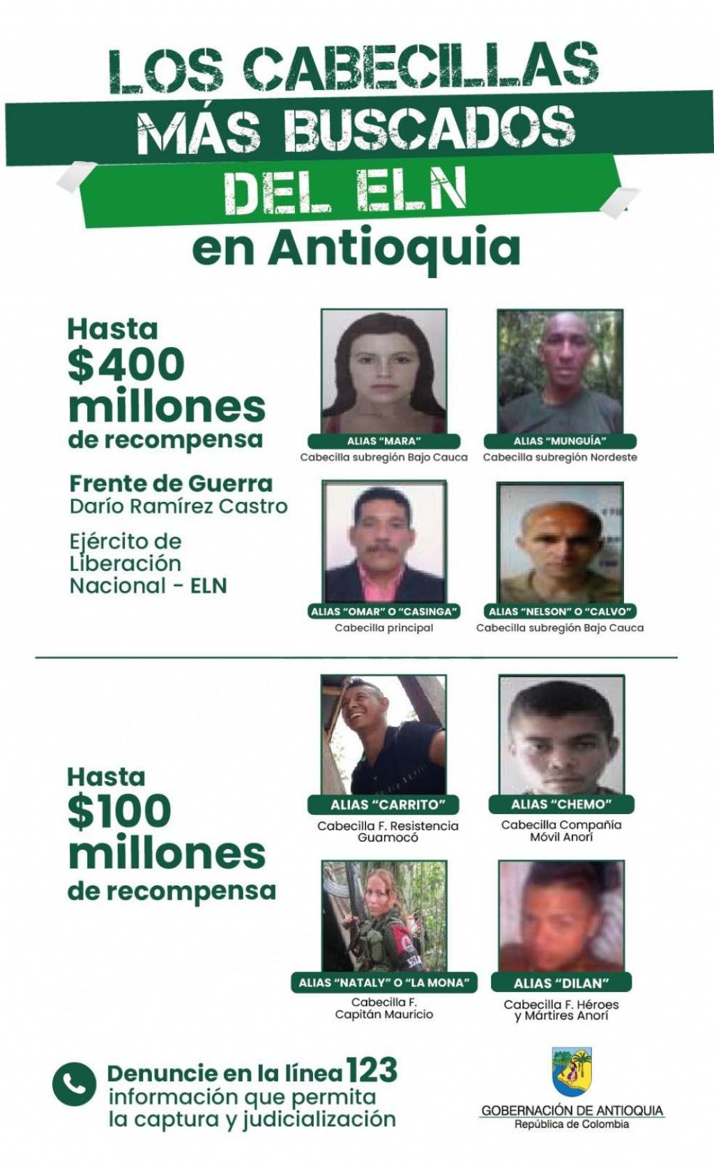 Estos son los cabecillas del ELN más buscados en Antioquia