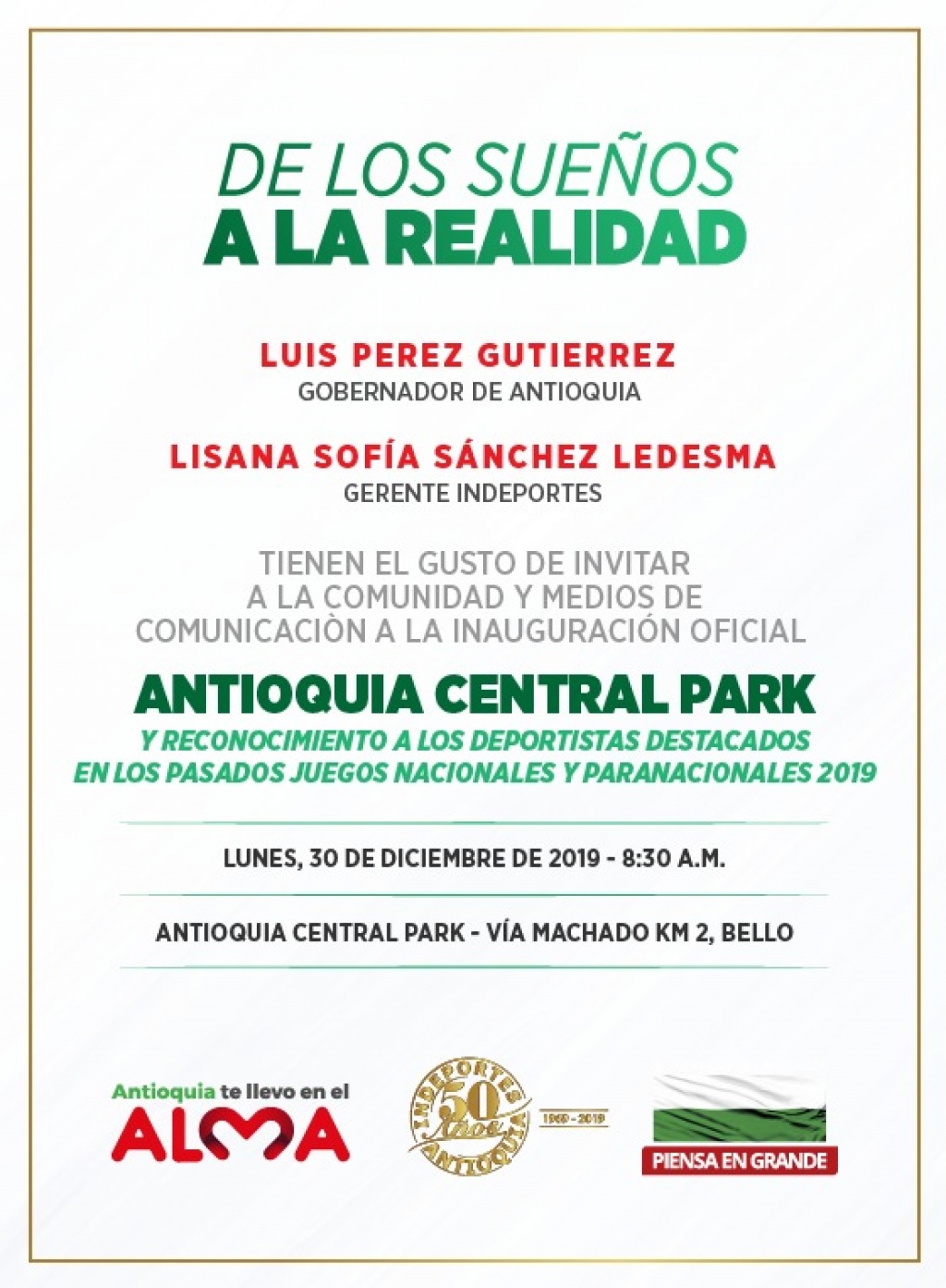 Gobernador Luis Pérez Gutiérrez, inaugura oficialmente el ANTIOQUIA CENTRAL PARK el próximo lunes 30 de diciembre de 2019