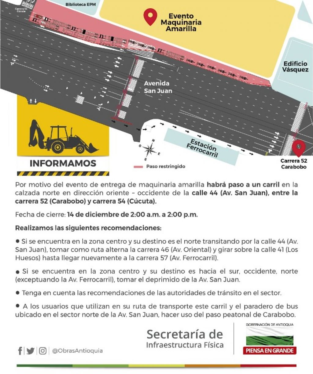 Cierres viales mañana viernes por evento entrega de maquinaria amarilla en la calle San Juan