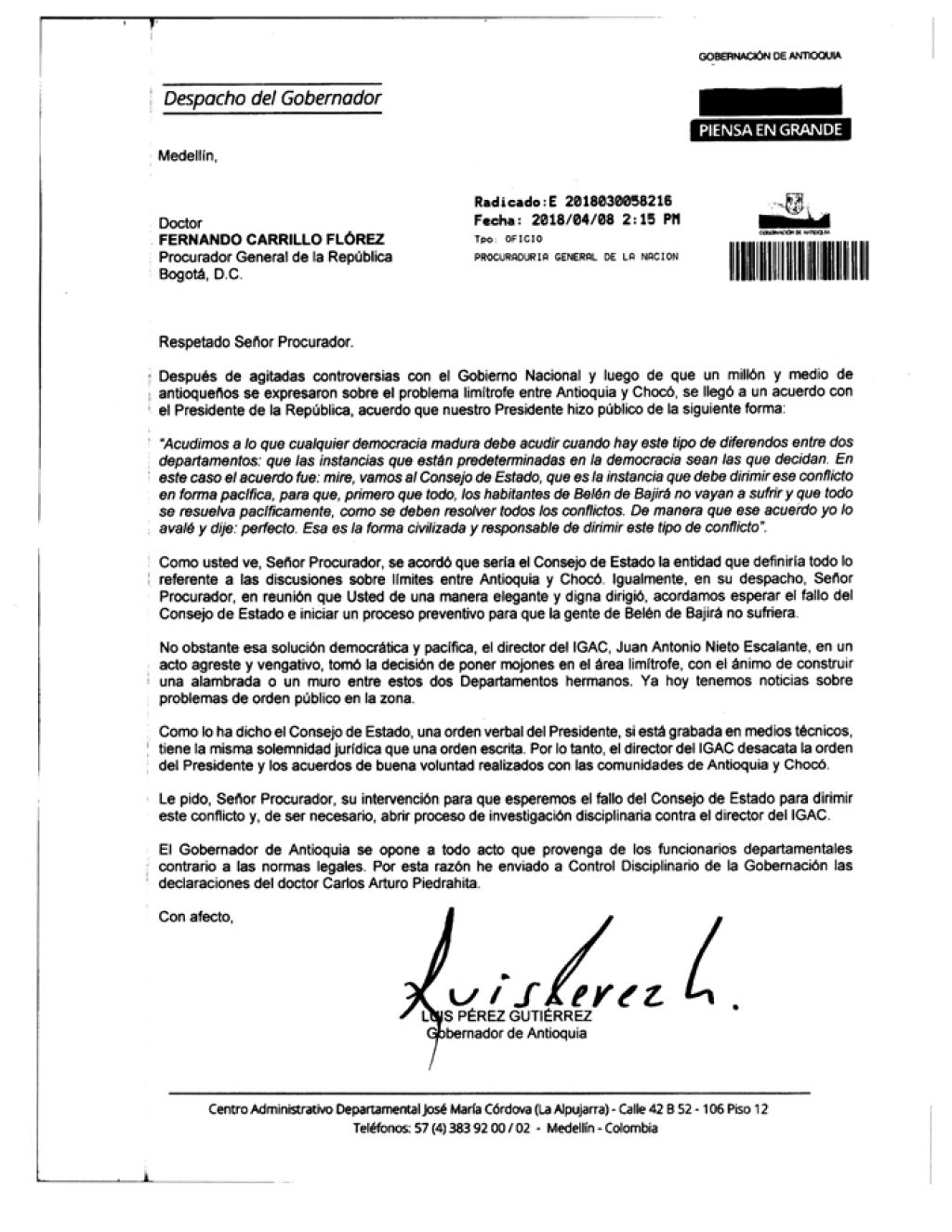 Carta del Gobernador de Antioquia al Procurador General de la Nación