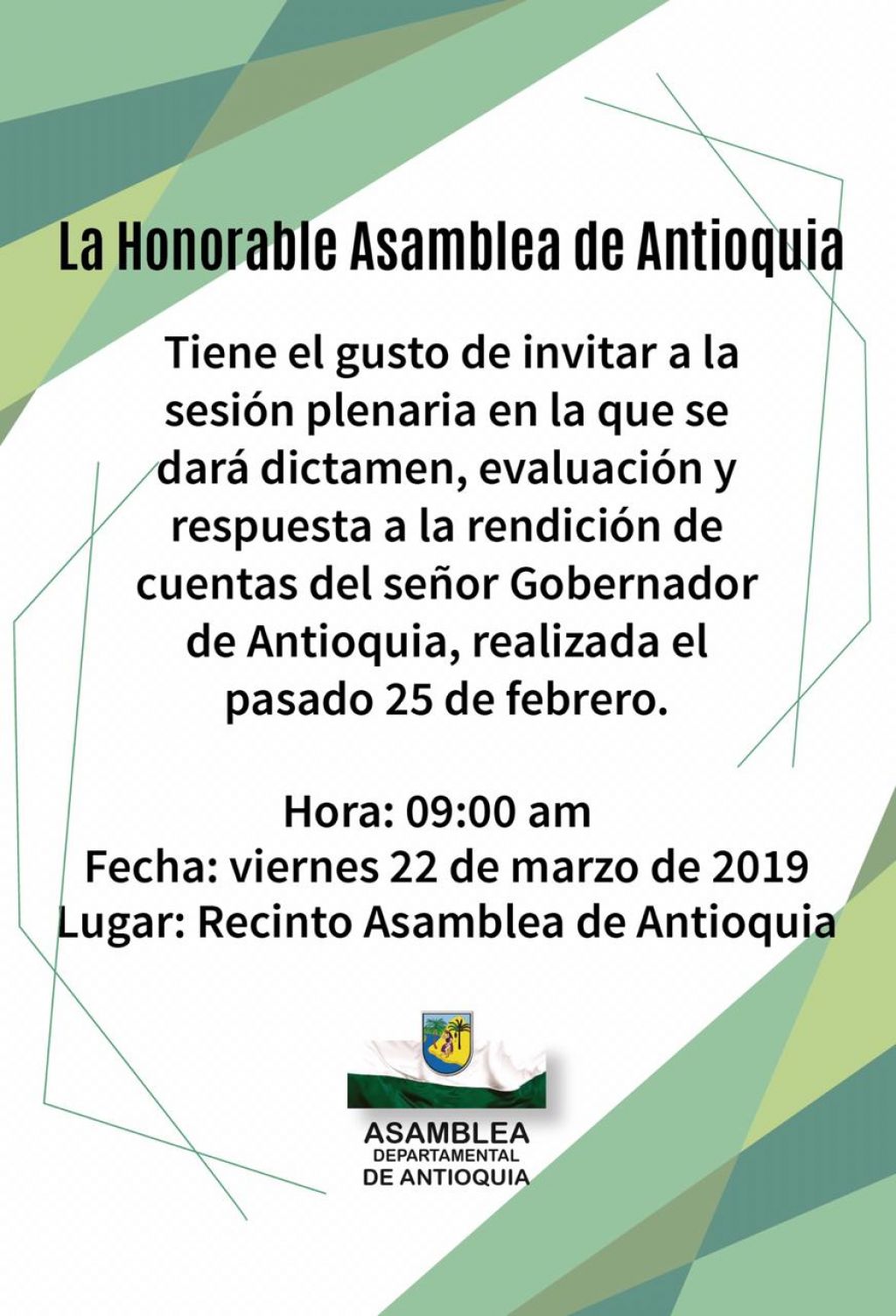 Invitación de la Asamblea de Antioquia