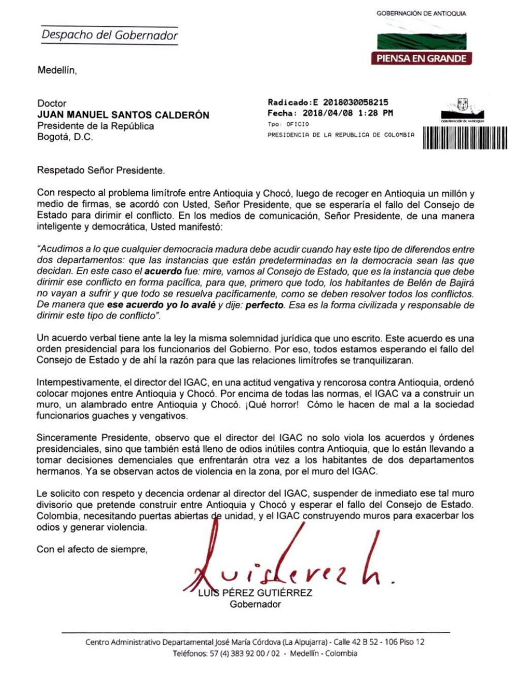 Carta del Gobernador de Antioquia Luis Pérez Gutierrez al Presidente de la República
