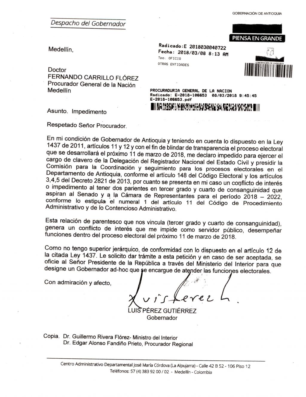 Gobernador de Antioquia declara en carta al Procurador General de la Nación, impedimentos para las elecciones del 11 de marzo de 2018