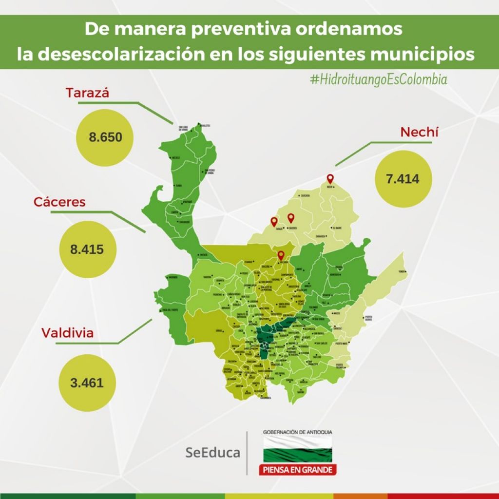 Continúa la medida de desescolarización en cuatro municipios  de Antioquia