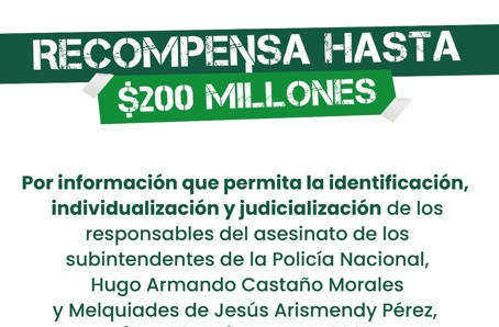 Gobernación de Antioquia ofrece recompensa de hasta 200 millones de pesos por información que permita la captura de los responsables del asesinato de dos policías en Anorí