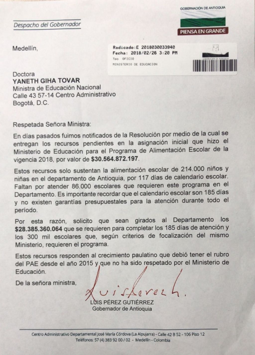 Carta enviada por el Gobernador de Antioquia a la Ministra de Educación, solicitando recursos que faltan del PAE