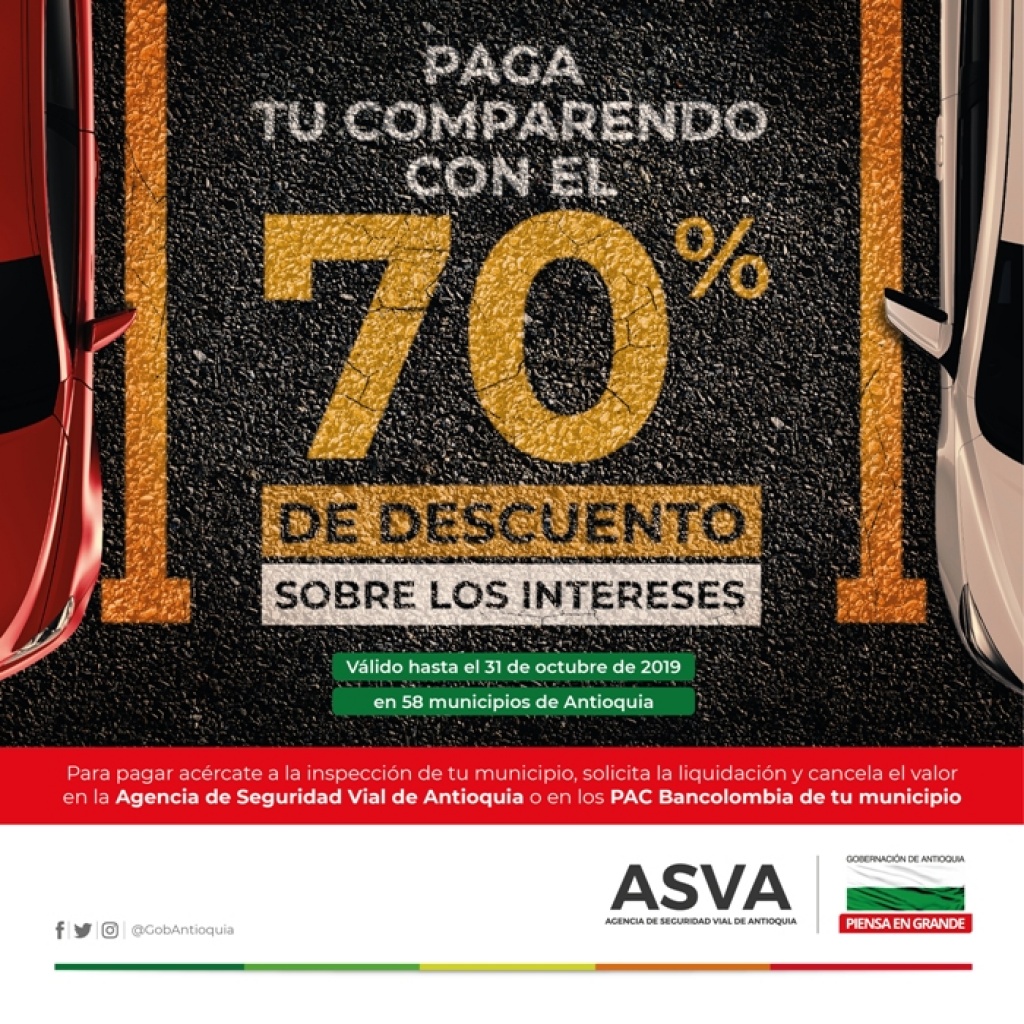 Descuento del 70% sobre intereses moratorios para que conductores en 58 municipios de Antioquia paguen sus comparendos