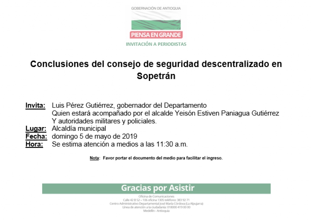 Invitación para el domingo 5 de mayo, Conclusiones del consejo de seguridad descentralizado en Sopetrán