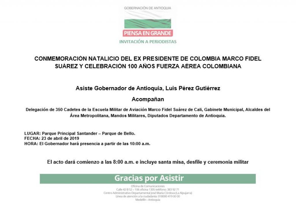 Invitación para este martes a la conmemoración del natalicio del Ex presidente Marco Fidel Suárez, en Bello