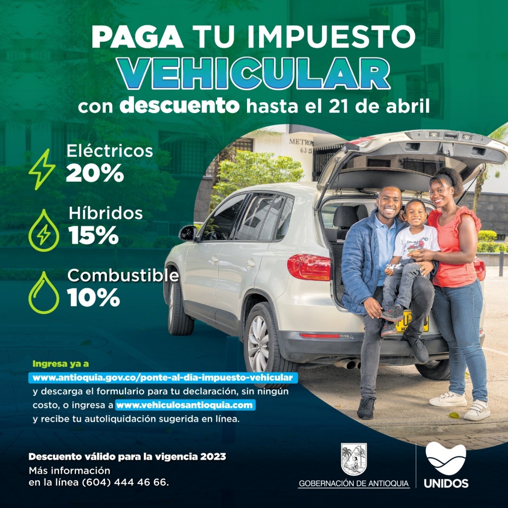 Más de un millón de contribuyentes podrán beneficiarse del descuento del impuesto vehicular por pronto pago en Antioquia